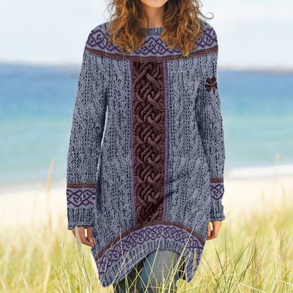 Women's Irish Celtic Knotted Shamrock Contrast Jacquard Sweater Dress elevenforest