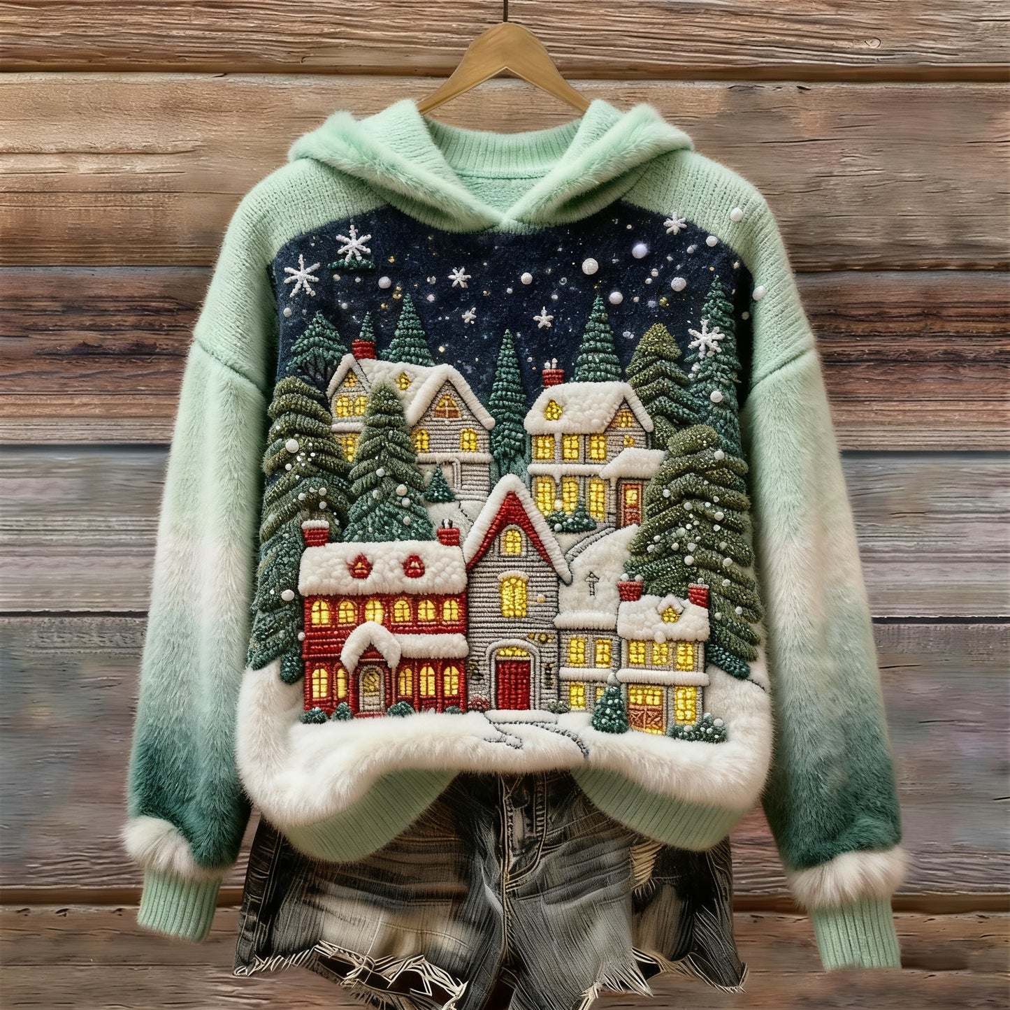 Women's Retro Christmas Tree Pattern Casual Hooded Sweatshirt