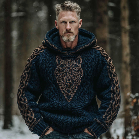 Men's Vintage Viking Wolf Celtic Art Jacquard Chunky Knitted Cozy Hooded Sweater artswardrobe