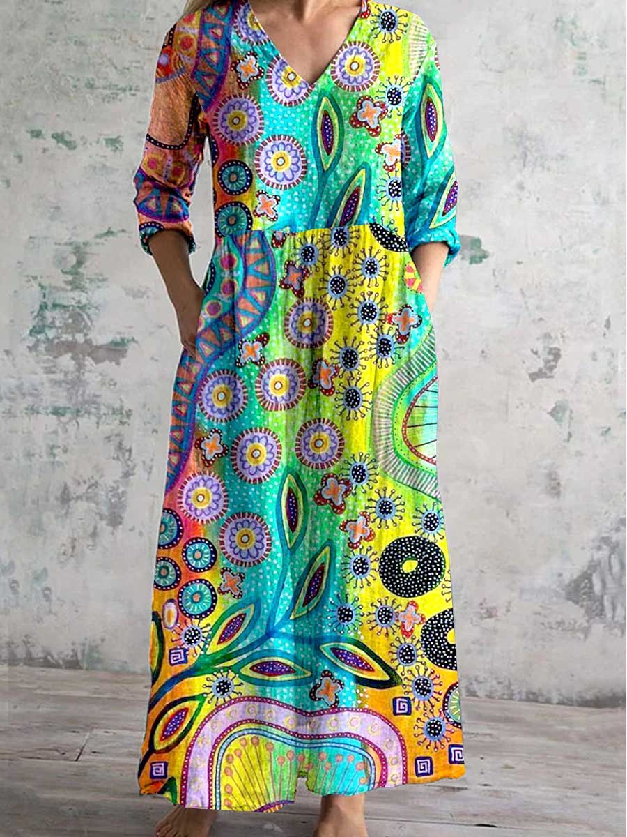 Women's V-Neck Colorful Bohemian Geometric Pattern Cotton And Linen Dr