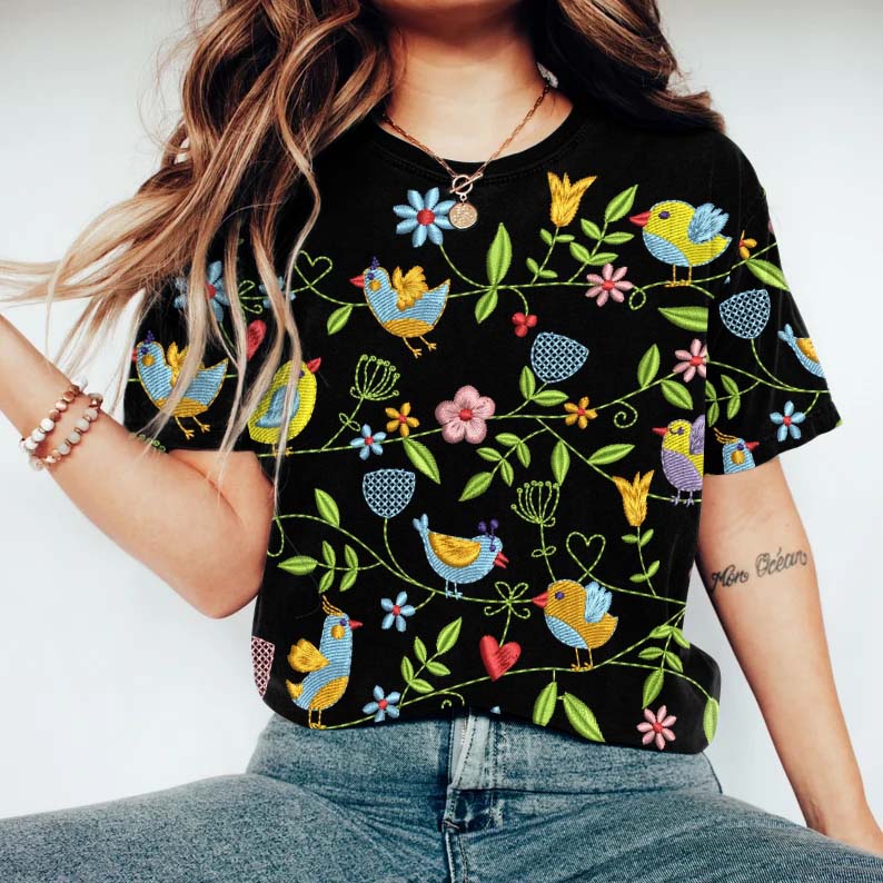Floral Spring Birds Embroidery Pattern Casual Short Sleeve T-Shirt artswardrobe