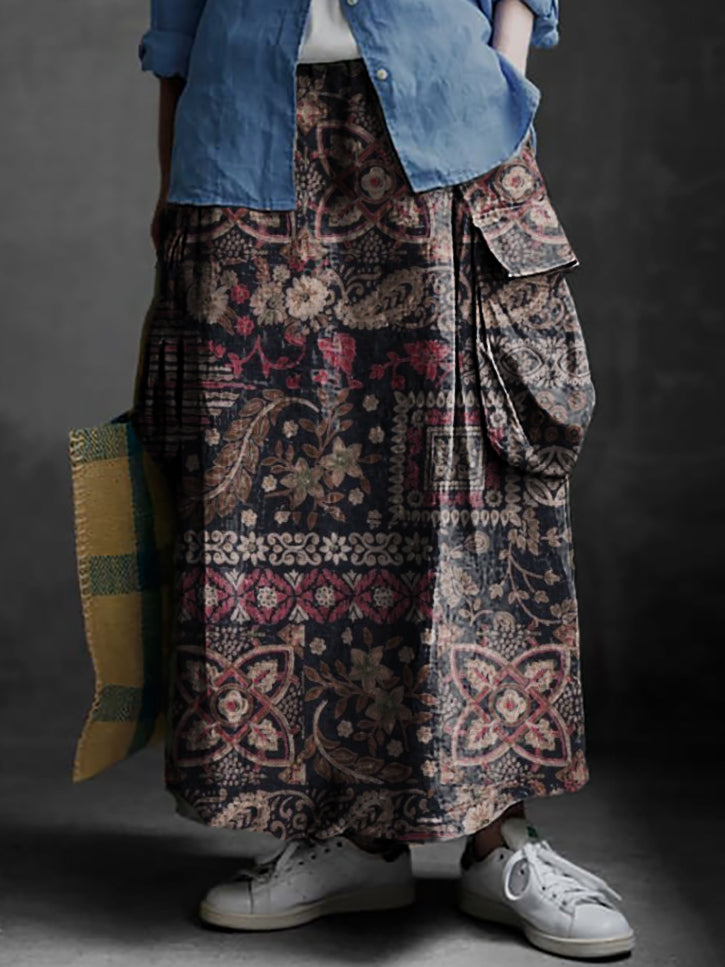 Women's Folk Floral Collage Art Print Casual Cotton and Linen Pocket S