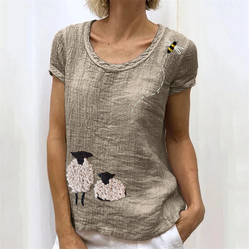 Vintage Sheep & Flying Bee Embroidered Linen Shirt artswardrobe