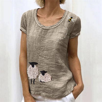 Vintage Sheep & Flying Bee Embroidered Linen Shirt artswardrobe