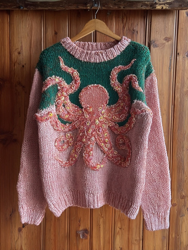 Pink Octopus Embroidered Contrast Cozy Knit Sweater artswardrobe