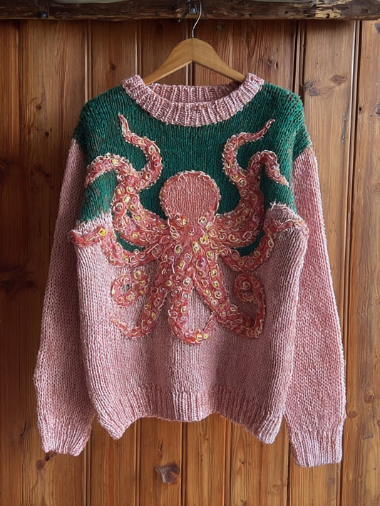 Pink Octopus Embroidered Contrast Cozy Knit Sweater artswardrobe