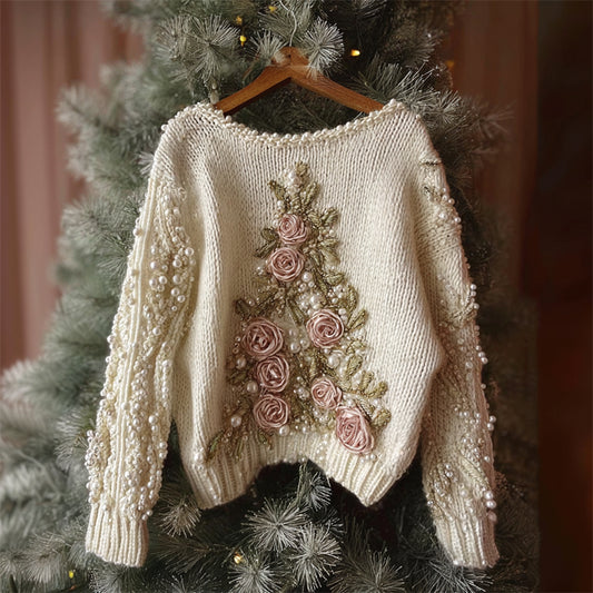 Pink Roses Christmas Tree Beaded Cozy Knit Sweater artswardrobe