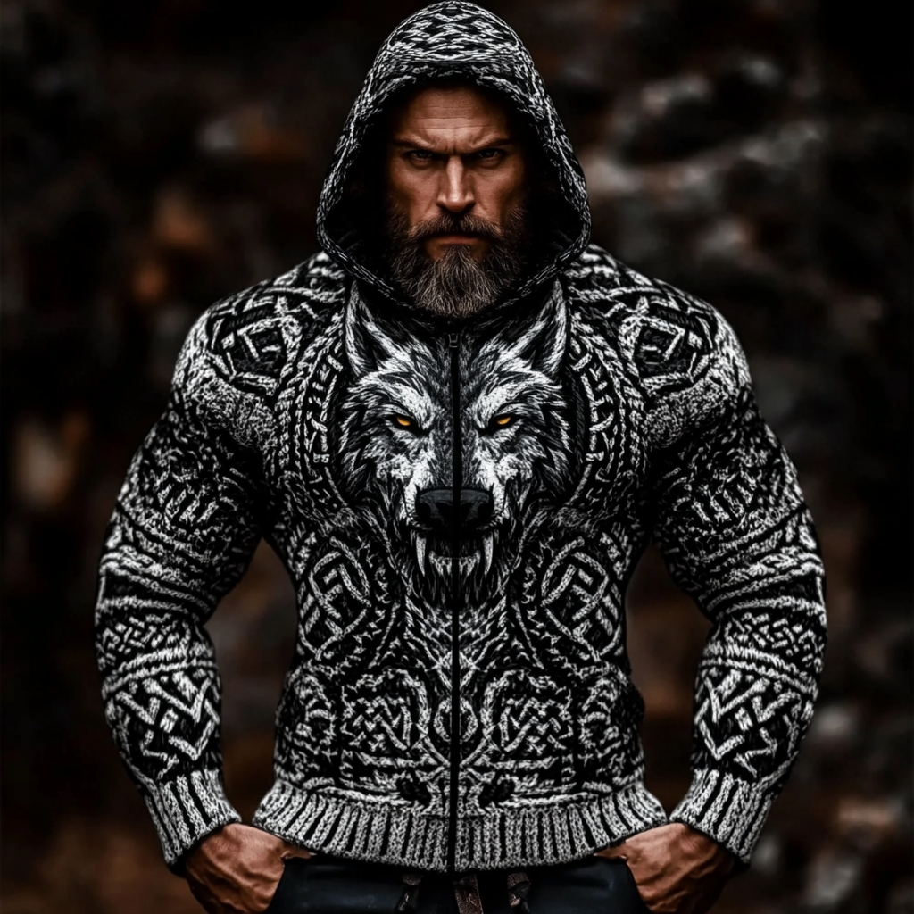 Men's Viking Wolf Jacquard Celtic Chunky Knit Zip-up Hooded Sweater artswardrobe