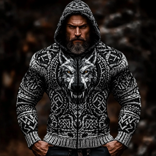Men's Viking Wolf Jacquard Celtic Chunky Knit Zip-up Hooded Sweater artswardrobe