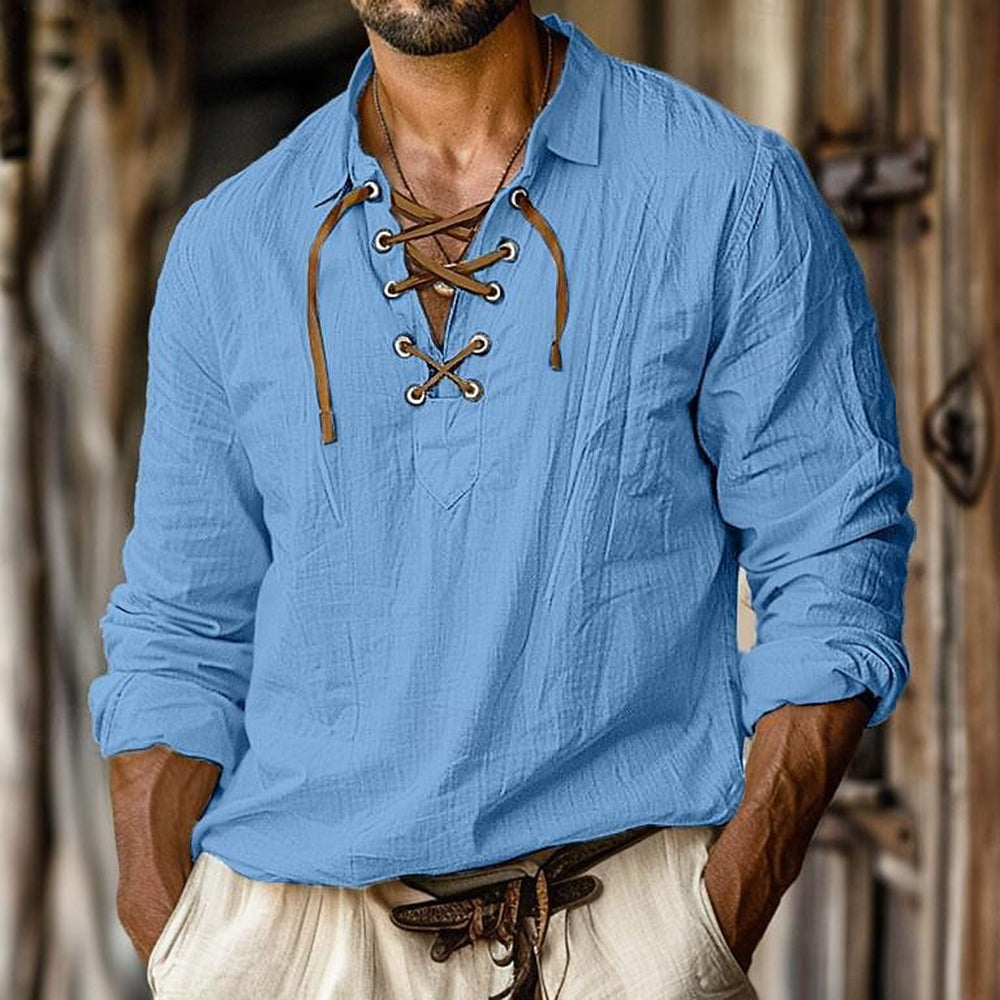 Men's Summer Beach Style Lapel Loose Pullover V-neck Drawstring Long-sleeved Shirt artswardrobe