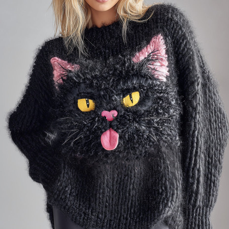 Comstylish Women's National Black Cat Day Cute Black Cat Art Knitted Warm Sweater