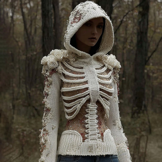Women's Halloween Skull And White Rose Mesh Sweater artswardrobe