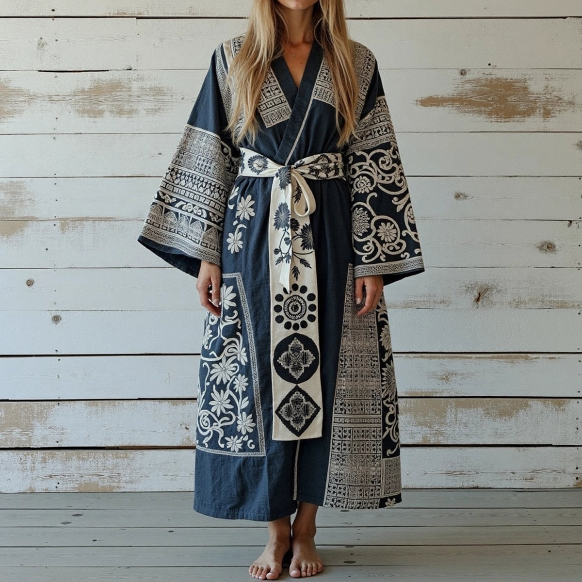 Women's Japanese Traditional Sashiko Art  Linen V-neck Robe artswardrobe