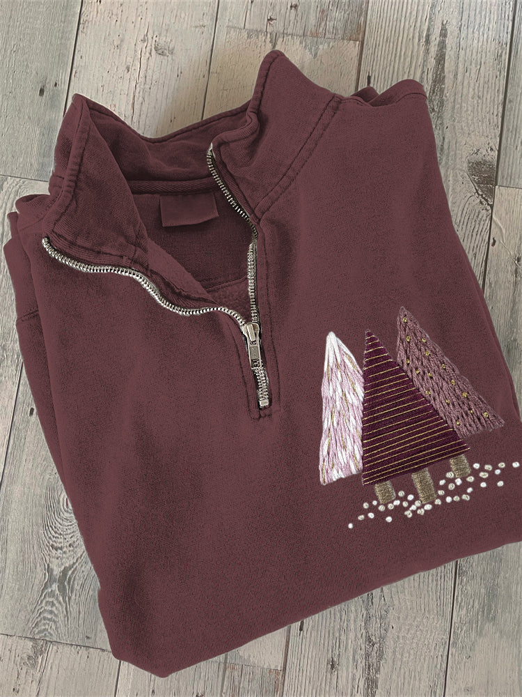 Comstylish Christmas Trees Embroidery Collar Zipper Sweatshirt