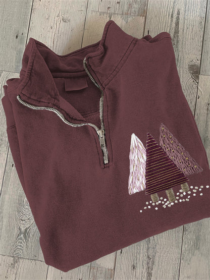 Comstylish Christmas Trees Embroidery Collar Zipper Sweatshirt