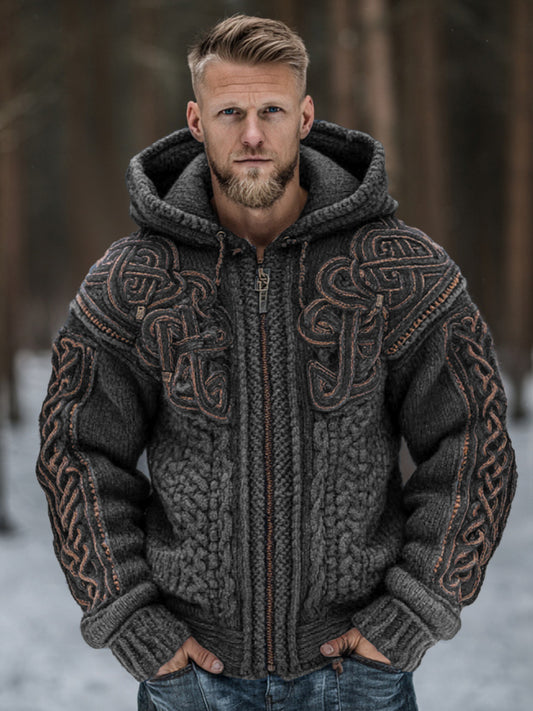 Men's Vintage Viking Celtic Knot Art Chunky Knit Hooded Zip-up Sweater artswardrobe