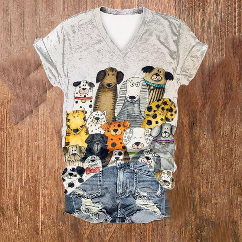 Comstylish Dog Print V-Neck Short Sleeved T-Shirt