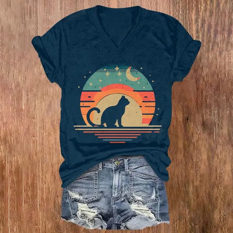 Cat & Colorful Sky Filled With Moon & Star Art T-shirt elevenforest