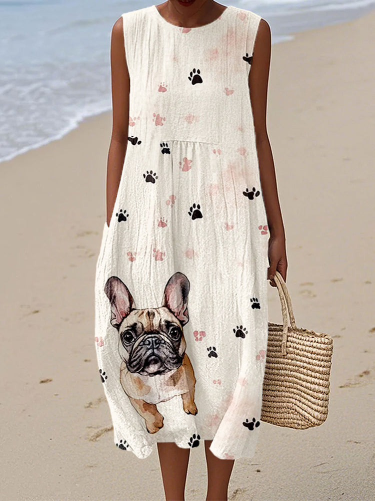 Cute French Bulldog Paws Print Linen Tank Dress