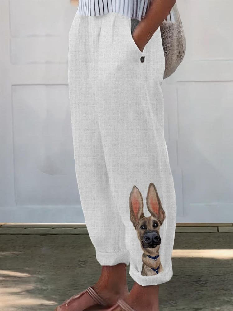 Comstylish Women's Dog Art Pattern Printed Cotton And Linen Casual Pants