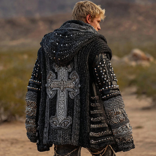 Men's Dark Style Cross Inspired Knitted Cozy Zipper Up Hooded Cardigan elevenforest