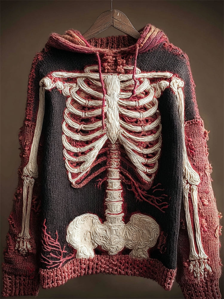 Halloween Skeleton Anatomy Patchwork Hooded Cozy Knit Sweater artswardrobe