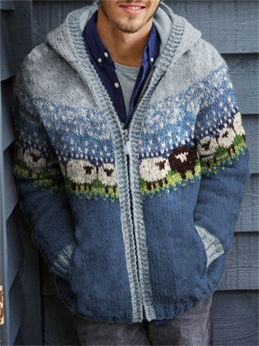 Men's Vintage Sheep Landscape Icelandic Cozy Knit Hooded Cardigan elevenforest