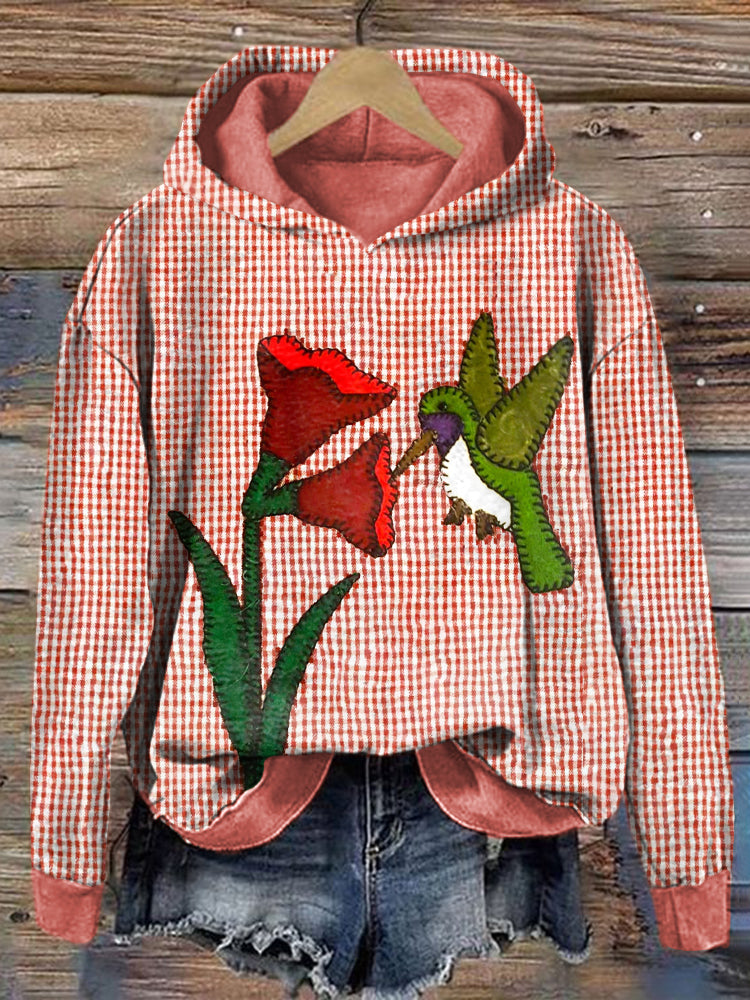Floral & Hummingbird Applique Pattern Plaid Hoodie artswardrobe