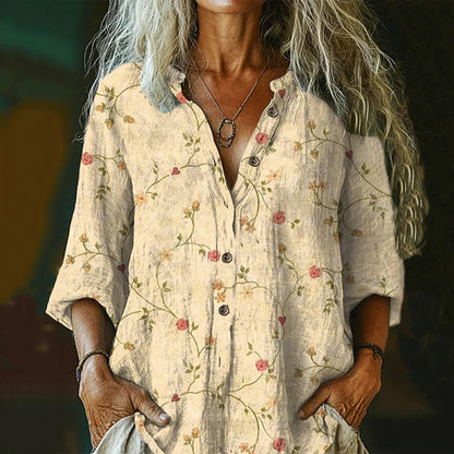 Comstylish Women's Vintage Floral Art Print Casual Cotton And Linen Shirt
