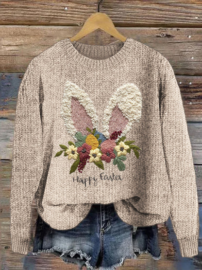 Happy Easter Bunny Floral Pattern Cozy Knit Sweater artswardrobe