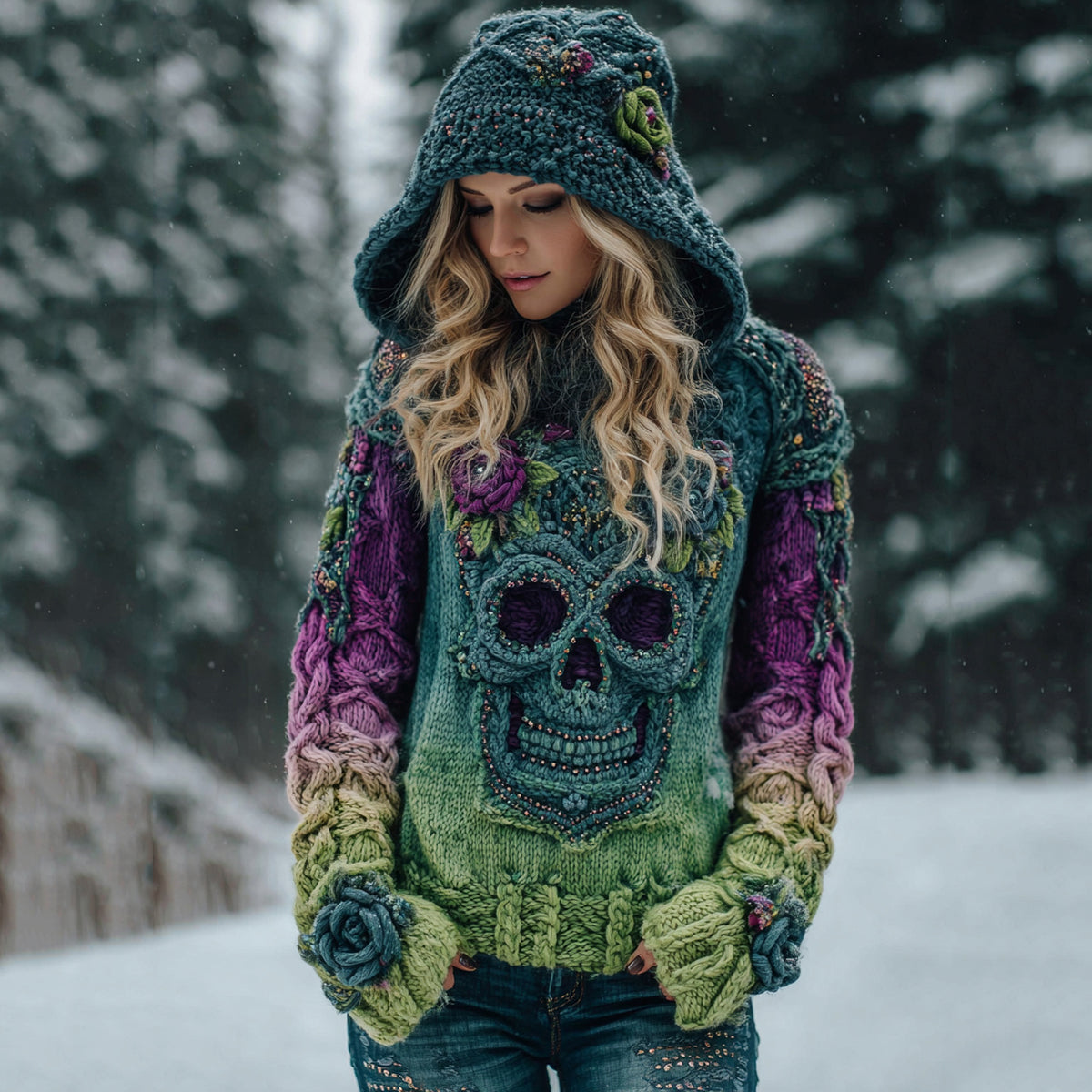 Women's Viking Tribal Jacquard Celtic With Rose And Skull Inspired Chunky Knit Hooded Sweater artswardrobe