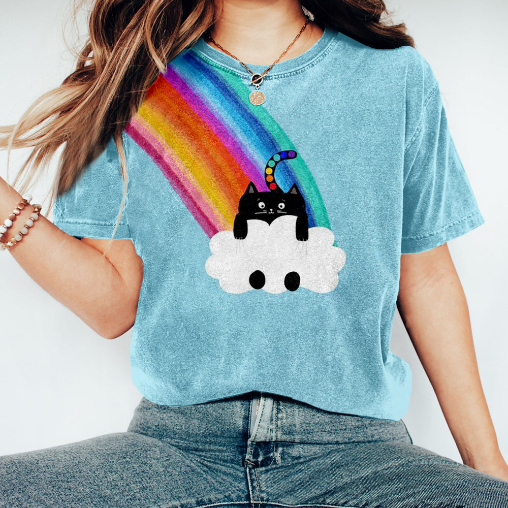 Comstylish Cat Rainbow Art Print Washed Cozy T Shirt
