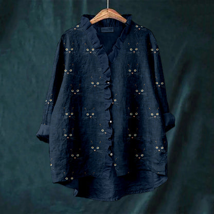 Cute Cat Face Pattern Cozy Linen Ruffle Shirt elevenforest