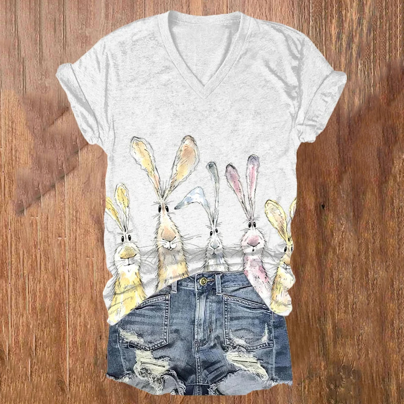 Women'S Watercolor Bunny Print T-Shirt artswardrobe