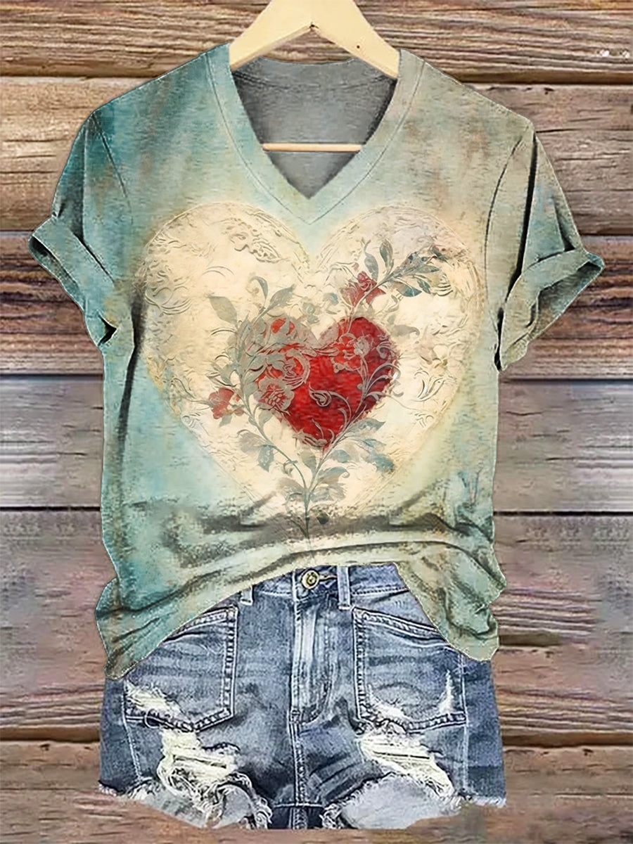 Women's V-Neck Casual T-Shirt with Heart Tattoo Art Print
