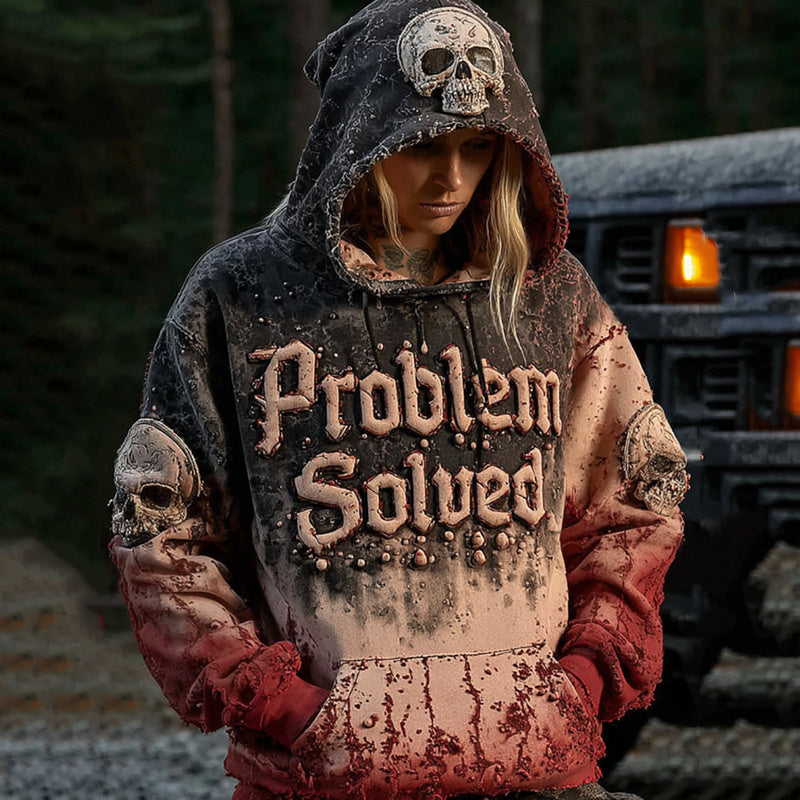 Comstylish Unisex Vintage Bloody "problem Solved" With Skull Art Hoodie