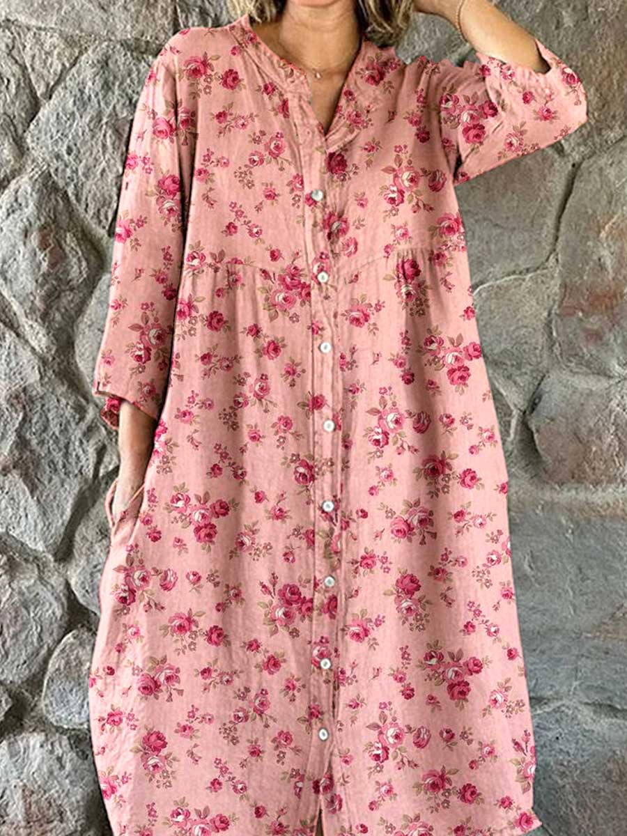 Women's Resort Art Rose Floral Pattern Cotton Shirt Dress