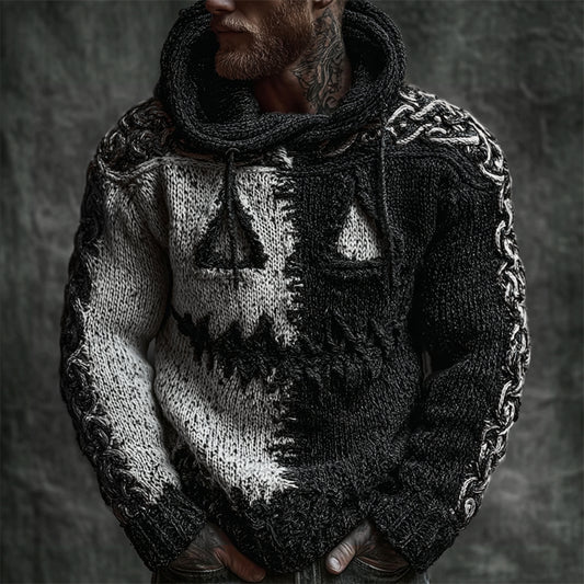 Men's Halloween Pumpkin Face Contrast Stitched Cozy Knit Hooded Sweater artswardrobe