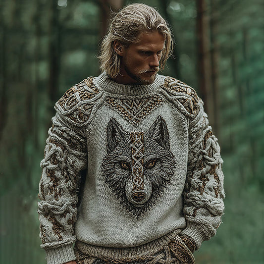 Men's Vintage Viking Wolf Pattern Knit Pullover Sweater artswardrobe