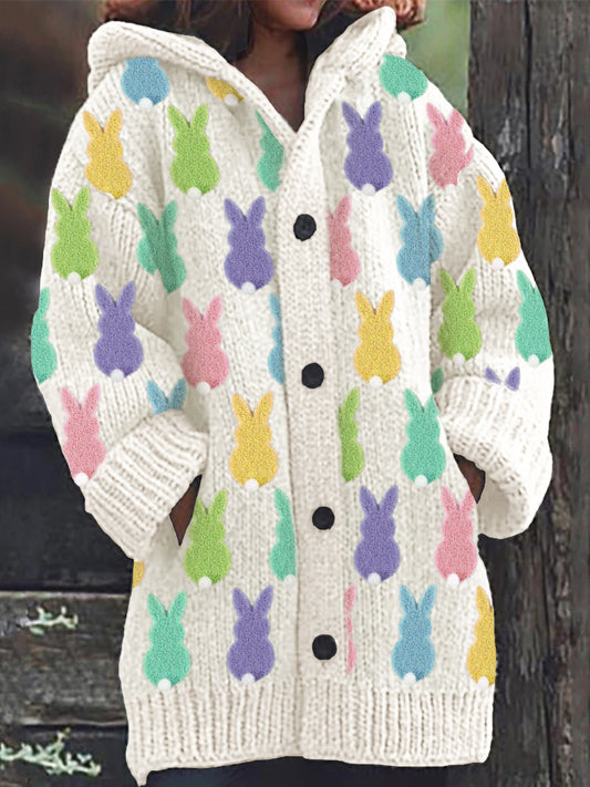 Easter Colorful Fuzzy Bunny Fleece Cozy Hooded Cardigan artswardrobe