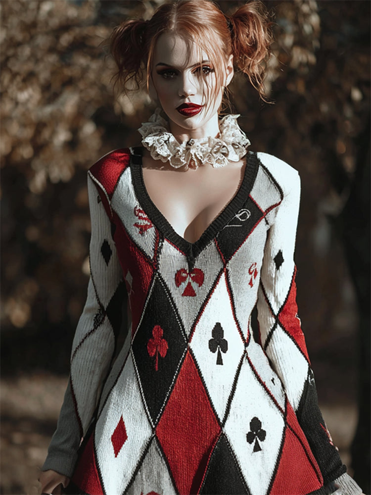 Halloween Clunt Pokers Diamond Pattern Colorblock Sweater Dress artswardrobe