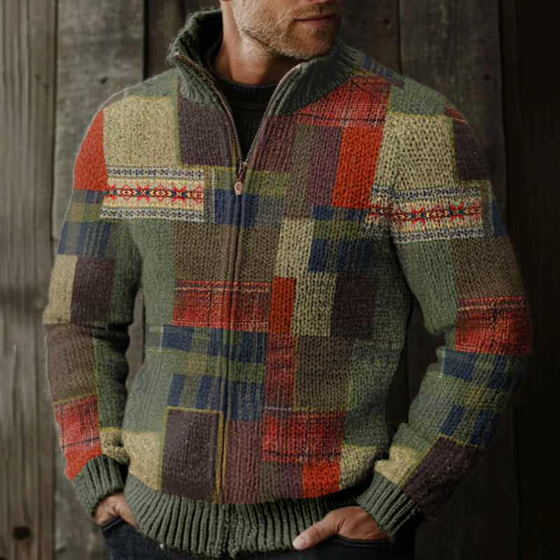 Men's Vintage Fairman Island Patchwork Pattern Zip Sweater elevenforest