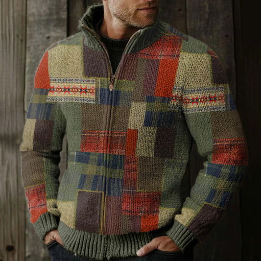 Men's Vintage Fairman Island Patchwork Pattern Zip Sweater elevenforest
