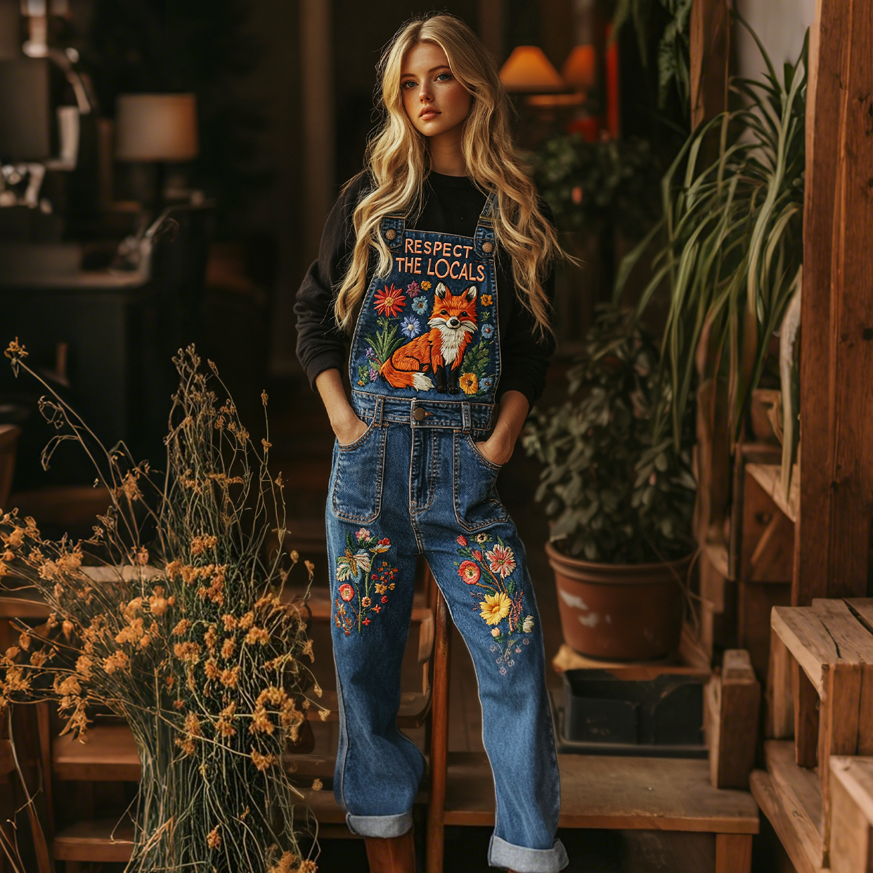 Respect The Locals Fox Floral Art Embroidered Denim Overalls artswardrobe