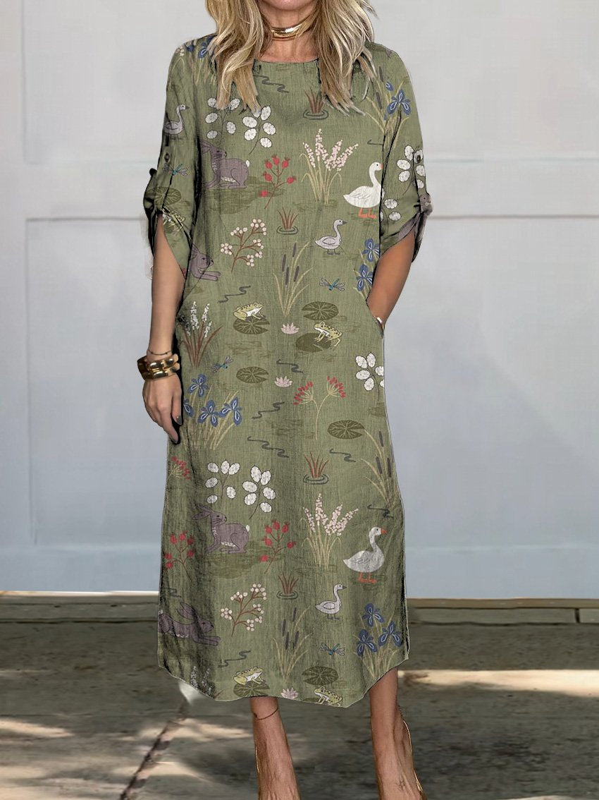 Spring Pond And Animal Pattern Printed Women's Comfortable Linen Pocket Dress