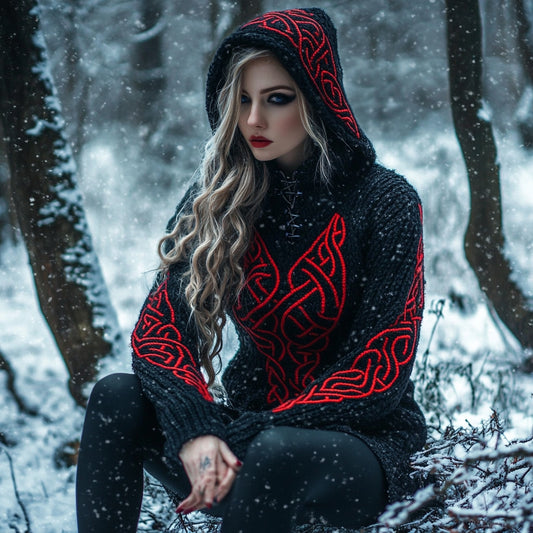 Viking Celtic Knot Contrast Cozy Hooded Knit Sweater elevenforest