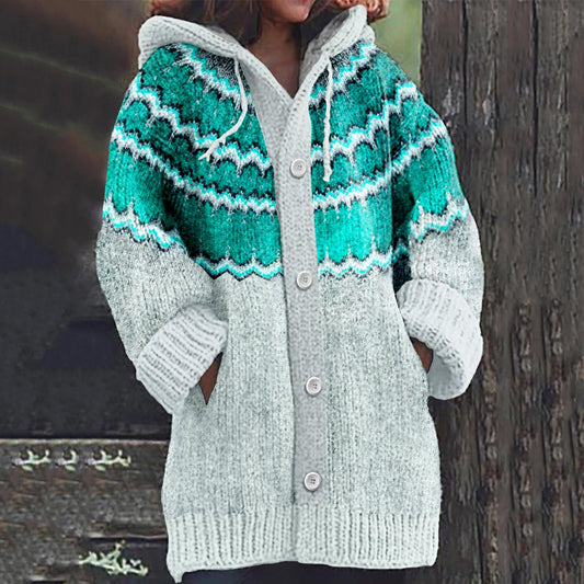 Vintage Contrast Curved Jacquard Graphic Cozy Knit Hooded Cardigan elevenforest