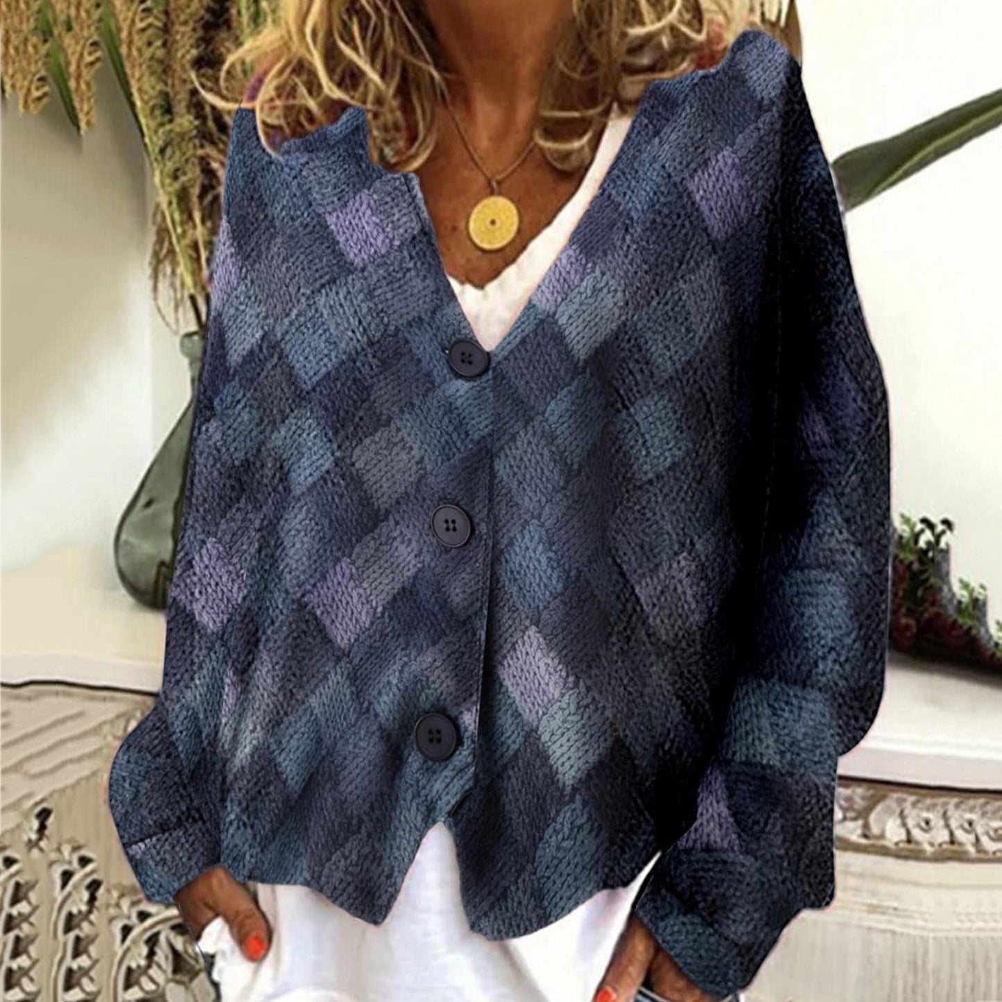 Casual V Neck Geometric Color Block Printed Sweater Cardigan elevenforest