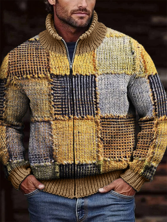 Men's Retro Colorblock Patchwork Stitched Cozy Zip Cardigan elevenforest