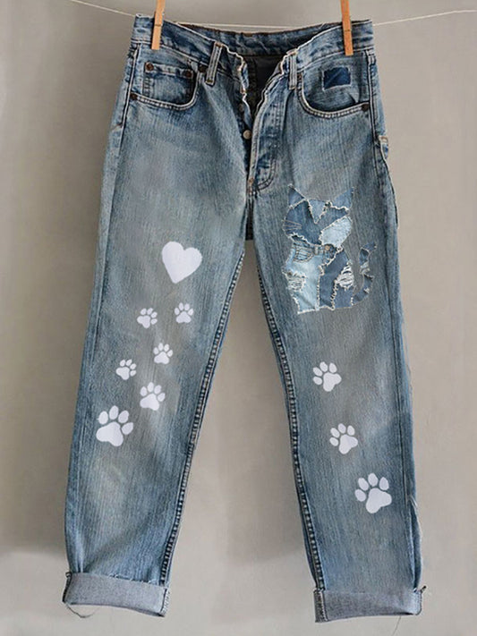 Comstylish Funny Animal Embroidered Print Jeans